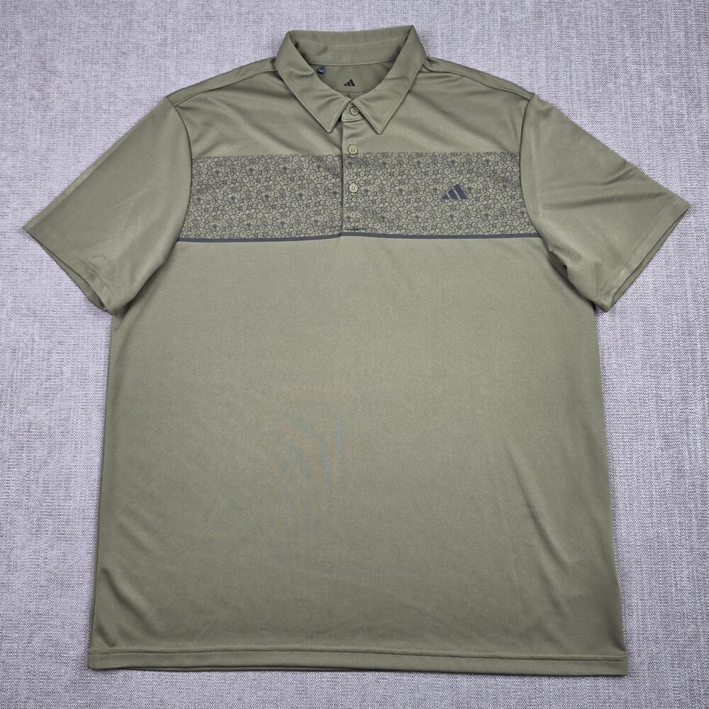 Adidas Mens Golf Polo Shirt XL Olive Green Floral Chest Print Performance Preppy